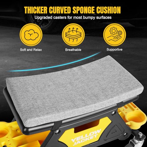 YELLOW JACKET Rolling Mechanic Seat with Drawer & Trays, 300lb, Garage Shop | Two tool trays & drawer for storage. Smooth casters, padded seat, 300 lb capacity. Great for auto repair, workshop & garage.