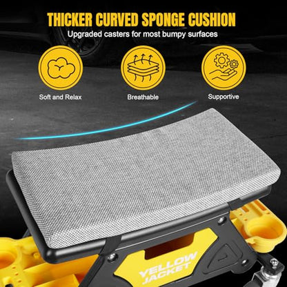 YELLOW JACKET Rolling Mechanic Seat with Drawer & Trays, 300lb, Garage Shop | Two tool trays & drawer for storage. Smooth casters, padded seat, 300 lb capacity. Great for auto repair, workshop & garage.