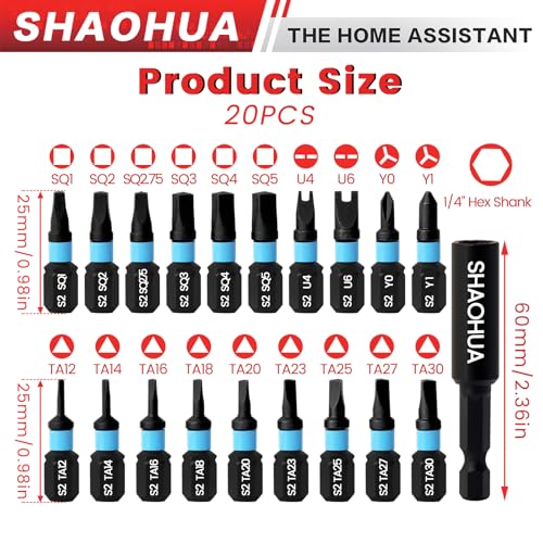 20PCS Screwdriver Bit Set, 1"Triangle Screwdriver Set TA12-30, Square Drive Bits#2,2.75,3,4,5, U-Shaped Bits Set U4,U6, Y-type screwdrivers Y0,Y1, S2 Steel Hex Head Drill Bit Set with 1/4" Bit Holder - style: G. Triangle & Square & U & Y Screwdriver Bits