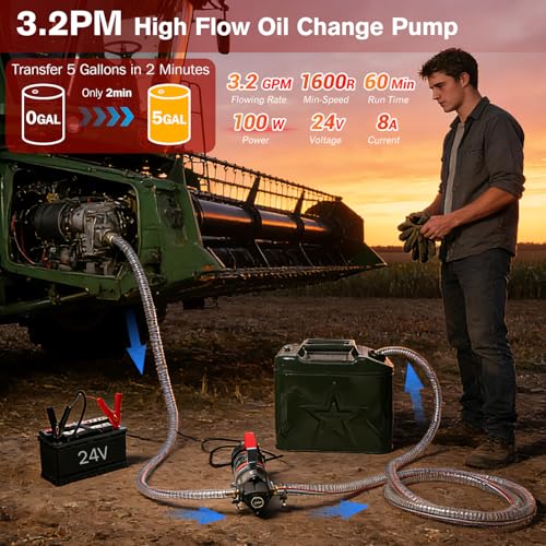 Oil Change Pump, 3.2 GPM Self Priming Gear Pump, 24V Electric Oil Transfer Pump with 10FT Steel Wire Hose, Rugged Metal Gears for Marine Boat Truck Excavators Industrial Machinery - color: with Hose