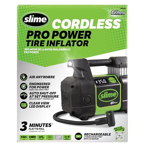 Slime 40086 Tire Inflator, Cordless, Pro Power, Portable Air Compressor Pump, Auto Shut-Off, Lithium Ion Battery and LED Light, Rechargeable, 3 min inflation - style: Cordless Pro Power Digital