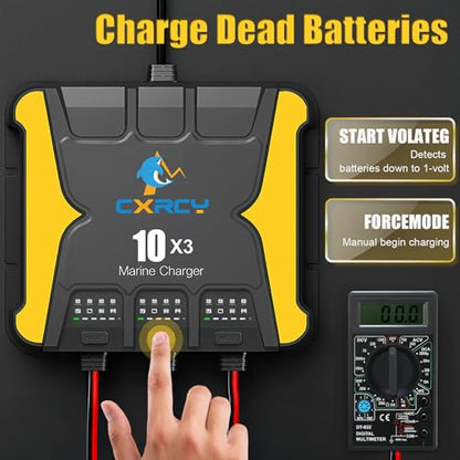 3 Bank Battery Charger 12V, 30A (10A/Bank) onboard Charger, Waterproof Marine Charger, Battery Maintainer & Desulfator for SLA/AGM, Lithium (LiFePO4), Calcium & Deep-Cycle Battery - Charged 24/7