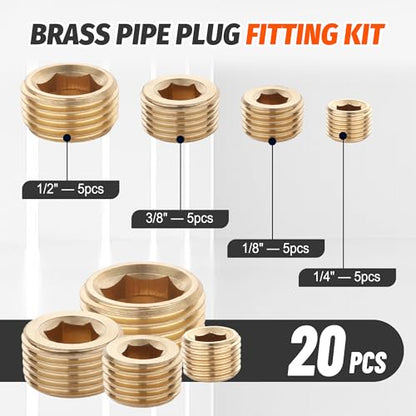 20 PCS Brass Pipe Plug 1/8" 1/4" 3/8" 1/2" NPT Plug Internal Hex Thread Socket Fitting Assortment Kit - size: Socket Plug