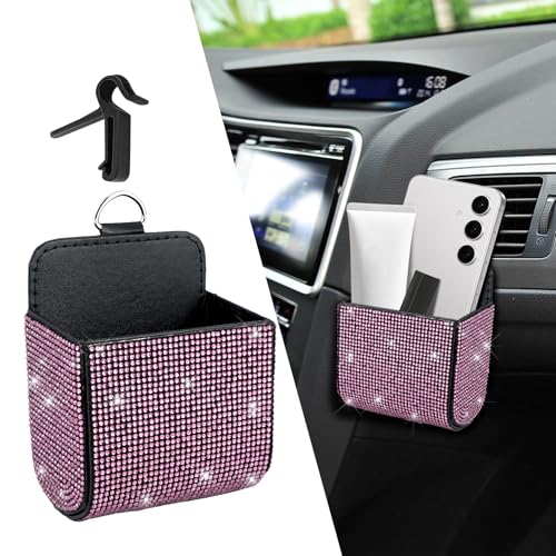 Car Vent Storage Organizer, Coin Holder for Car, Rhinestone Auto Vent Leather Pocket, Universal Car Accessories Bling Automotive Pouch Box with Hook Fit for Sunglasses, Key, Coin (Pink) - color: Pink