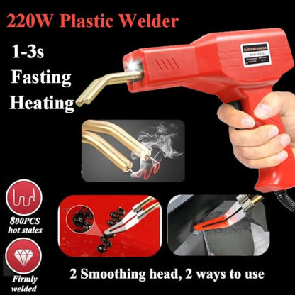 Upgraded 220W Plastic Welder, 2 in 1 Plastic Welding Kit Plastic Repair Welder Kit 1000PCS Hot Stapler Soldering Gun with 100PCS Plastic Welding Rods Car Bumper Repair Kit for Most Plastic Repair - color: Red