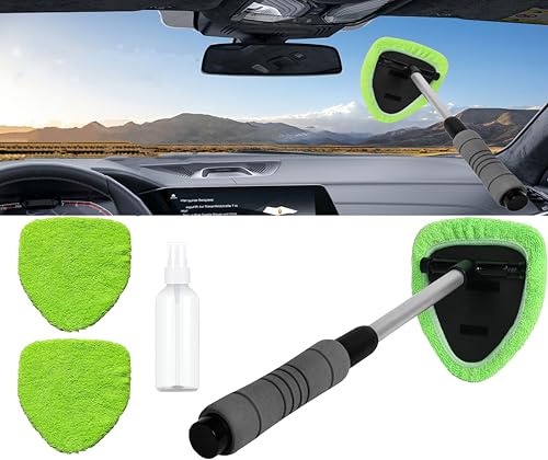 Car Windshield Cleaner Tool with Reusable Microfiber Pads Extendable Handle (1, Green) - color: Green
