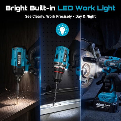 Seesii Power Tool Combo Kits,1000N.m Impact Wrench1/2, 3/8" 180N.m Impact Driver and 1/4" 50N.m Impact Drill, Brushless, 2 * 4000mAh Bartteris,Fast Charger,Impact Gun For Car Home DIY - color: Dark Blue 1000n.m + Two Batteries