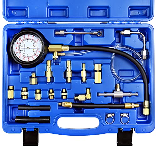 JIFETOR Fuel Injection Pump Pressure Tester Gauge Kit TU-114 | Car Gasoline Gas Fuel Oil Injector Test Manometer Tool Set 0-140PSI, Universal for Auto Truck SUV Motorcycle ATV RV Blue Case - color: Blue Case