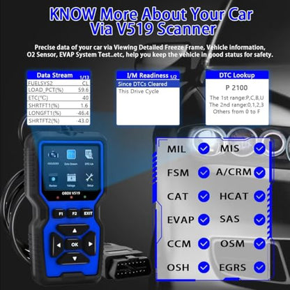 V519 OBD2 Scanner, Universal Check Engine Light Code Reader, Professional Diagnostic Scan Tool with Full OBDII Functions, Real-Time Data Stream, Erase Fault Codes for All Post-1996 Vehicles