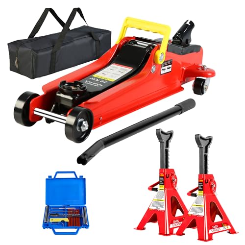 4 Piece Car Truck Floor Jack Service, Hydraulic Trolley Floor Jack & Jack Stands & Tire Repair Kit for Garage Shop DIY, Lifting Range 3.3"-15.2", Steel Car Jack 2 Ton/4000 LBS Capacity, Red - color: Red - 2 Ton, Lift 3.3"-15.2" (Floor Jack+2 Jack Stands+T