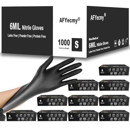 Disposable Nitrile Gloves, Chemical Resistant, Powder and Latex Free, Food Safe, Black Heavy Duty Gloves, 6 Mil, 1000 Count, Small - size: Small, style: Black 6mil Box of 1000