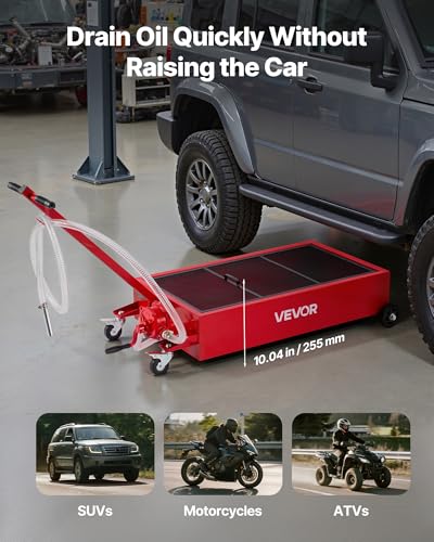 VEVOR Low Profile Oil Drain Pan, 20 Gallon Capacity, Rolling Oil Drain Pan with Manual Pump, 7.2 ft Hose & T Folding Handle, Leak-Proof & Corrosion-Resistant, Fit for Cars, SUVs, Trucks, ATVs, Red - size: 49.21 x 23.62 x 25.98 in