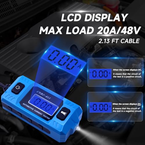 Automotive Circuit Fault Tester Car Fuse Tester 20A 48V High-Precision Automotive Current Tester Portable Car Fuse Checker with LCD Display, Front Lighting(Not Include Battery)