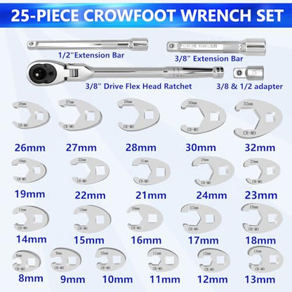 26Pcs Crows Foot Wrench Set 1/2" and 3/8” Drive Flare Nut Crowfoot Set | Metric 8-32mm 6 Point Crows Feet Wrenches, Flare Nut Wrench Kit for Removing Nuts from Hard-to-Reach Areas - color: 26pcs