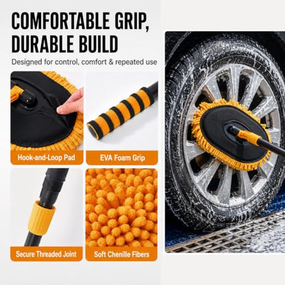 Extension Pole Car Wash Mop with Long Handle, Microfiber Car Wash Brush | Telescopic long-reach mop, 49 in reach, 15° angled head, reaches roofs scratch-free, wet or dry, cars, SUVs, RVs & boats