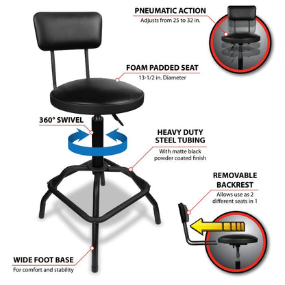 Performance Tool W85016 Pneumatic Stool w/Removable Backrest - style: Pneumatic Stool w/Removable Backrest