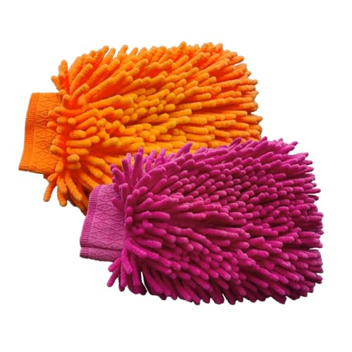 JOYCOURT 2PCS Microfiber Soft Chenille Car Wash Mitts, Scratch and Lint Free Car Dusting Glove, Double Sided Wash Mitt, Ultra Absorbent for Car Washing, Home Cleaning Mitt (Orange&Pink) - color: Orange&Pink