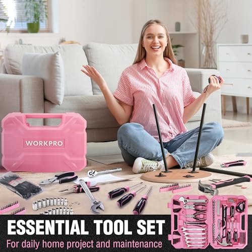 WORKPRO Pink Tool Set, 284 PCS Tool Kit for Women, Basic Household Tool Box with Sockets, Pliers, Ratchet Handle, Portable Toolkit for Home Repair, New Apartment, House-Warming, DIY - Pink Ribbon