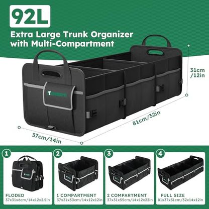 112L Large Capacity Car Trunk Organizer with 20L Insulated Fresh-Keeping Bag, Heavy-Duty 600D Waterproof Oxford Collapsible Storage for SUV, Sedan, Truck, 2 Securing Hooks & Reflective Strips - size: 112L (With Insulated Cooler)