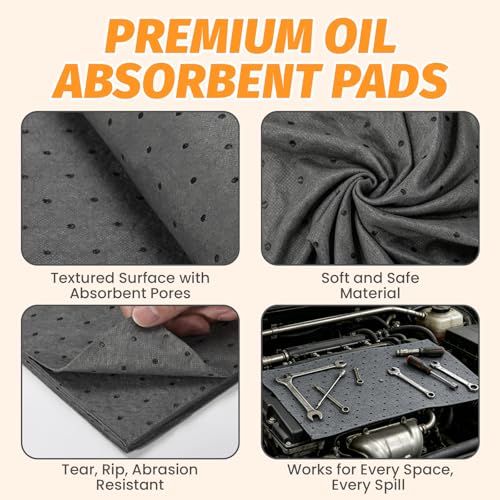 50 Pack Oil and Water Absorbent Pads, 10" x 13" Universal Heavy Duty Dimpled Garage Mats | (Gray) Polypropylene Oil Spill Mat, Use in Home Garage, Workshop, Basement, Workbench & Under Sink, Use in Spill Control