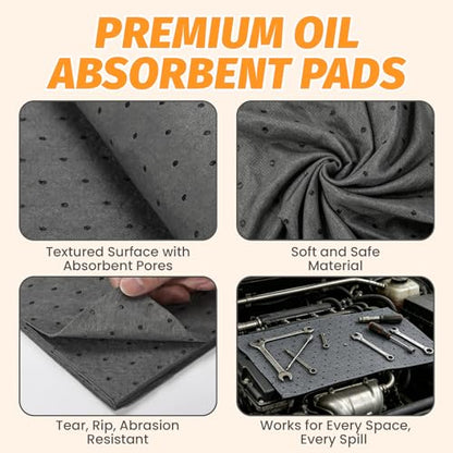 50 Pack Oil and Water Absorbent Pads, 10" x 13" Universal Heavy Duty Dimpled Garage Mats | (Gray) Polypropylene Oil Spill Mat, Use in Home Garage, Workshop, Basement, Workbench & Under Sink, Use in Spill Control