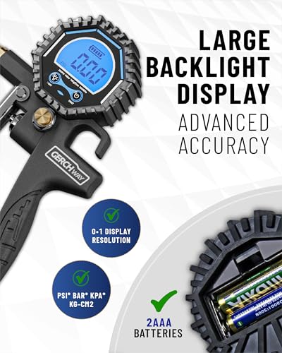 GERCHWAY Digital Tire Pressure Gauge with Inflator (3-200 PSI), Heavy Duty Air Chuck and Compressor Accessories with Swivel Air Chuck, Longer Hose, Large Display (0.1 Res)