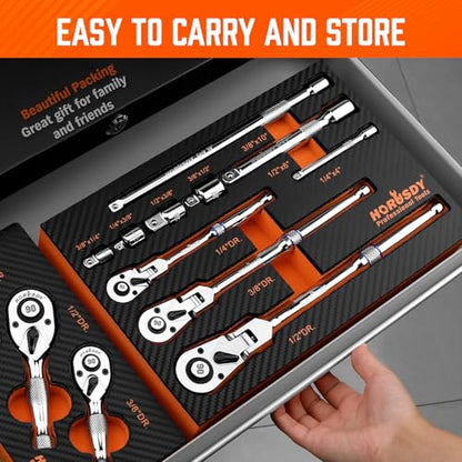 10-Piece Flex-Head Ratchet Set, 1/4", 3/8" & 1/2" Drive Socket Wrenches, 90-Tooth Quick-Release Reversible Low-Profile, Extension Bars (4", 10", 6") & 4 Adapters for Automotive, Bike, and Home Repair - style: 10pcs Ratchet Set
