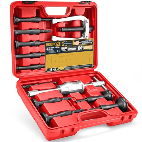 KOOPOOL 16Pc Blind Hole Bearing Puller Kit – Slide Hammer, Collet Set (Red) | 16-pcs blind hole bearing and seal puller set with slide hammer and collet inserts. Removes inner bearings effortlessly - color: Red
