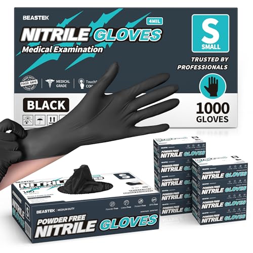 Beastek Nitrile+™ 4 Mil Disposable Exam Gloves, Latex & Powder-Free Medical Food Safe Glove for Cooking Cleaning, Black 100Ct - color: 1000 Black (Small)