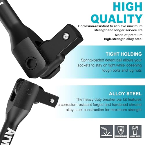 1/4" 3/8" 1/2" Drive Breaker Bar, 3PCS Breaker Bar Set, 7" 12" 16" Length, 180° Rotatable Head, Extension Breaker Bar Set, Auto Repair, Mechanical Repair