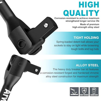 1/4" 3/8" 1/2" Drive Breaker Bar, 3PCS Breaker Bar Set, 7" 12" 16" Length, 180° Rotatable Head, Extension Breaker Bar Set, Auto Repair, Mechanical Repair