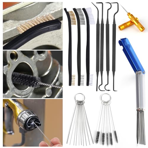 lasuroa Carburetor Jet Cleaning Kit, Includes 23 Needles 5 Nylon Brushes 1 Scraper 4 Cleaning Hooks & 3 Double Headed Brushes Torch Tip Cleaner for Motorcycle ATV Chainsaw & Welder Maintenance