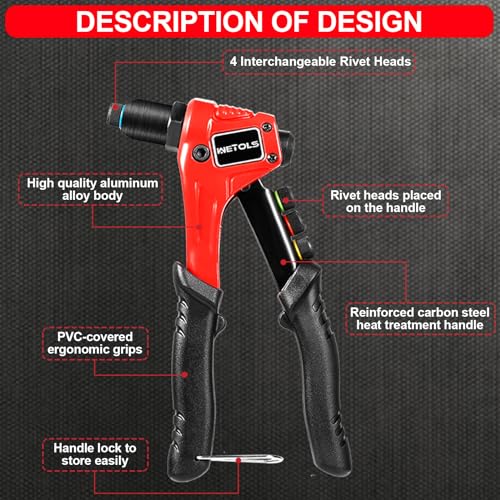 WETOLS Pop Rivet Gun Kit with 200 Blind Rivets,Upgraded Pop Rivet Tool Kit | Manual Single Hand Riveter with 4 Tool-Free Interchangeable Rivet Heads, 4 Drill Bits and Sturdy BMC Carrying Case - size: Regular Rivet Gun