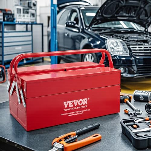 VEVOR Metal Tool Box, 14-inch, 2-Tier 3-Tray Portable Folding Tool Chest Organizer with Handle & Lock Hole, Powder Coated Steel, Cantilever Toolbox for Household Factory Warehouse Repair Shop, Red - style: 2 Tier-3 Tray
