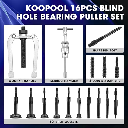 KOOPOOL 16-Piece Blind Hole Collet Bearing Race & Seal Puller Extractor Kit: Slide Hammer Pilot Insert for Effortless Inner Internal Bearing Removal Tool Set (Blue) - color: Blue