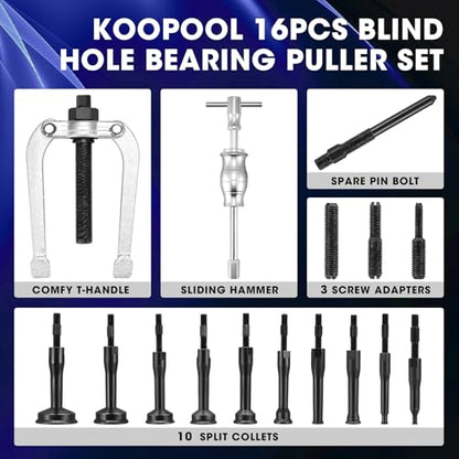 KOOPOOL 16Pc Blind Hole Bearing Puller Kit – Slide Hammer & Collet Set | 16-pcs blind hole bearing and seal puller set with slide hammer and collet inserts. Removes inner bearings effortlessly - color: Blue