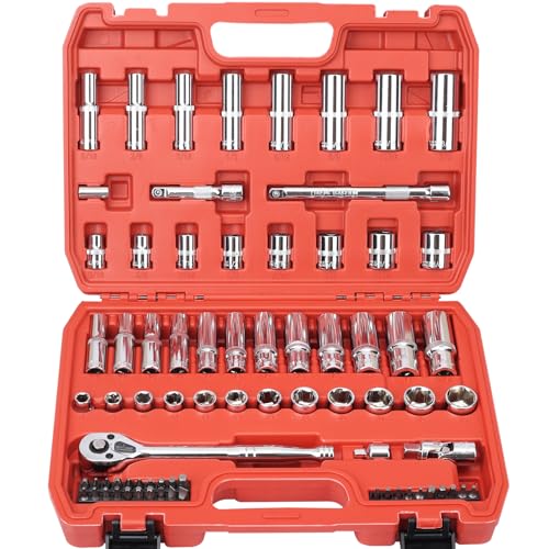 Egofine 3/8" Drive Socket Set, 76 PCS Ratchet Wrenches Set, Standard and Deep Metric (8 to 19mm)/SAE (5/16 to 3/4 inch) Size, with 72-Tooth Ratchet for Auto Repairing and Household, with Storage Case - style: 3/8" 76 PCS with 72 Teeth Ratchet