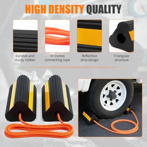 4 Pack Rubber Wheel Chocks for RV Trailer with Rope & Reflective Strips, Heavy Duty Non-Slip Tire Stopper for Camper, Truck, Car, Travel Trailer