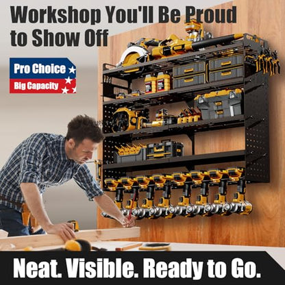 Large 5-Tier Power Tool Organizer Wall Mount, 320lbs Load Capacity Garage Storage Rack with 8 Drill Holders, 34" Heavy Duty Metal Utility Shelf, Holds Over 30 Tools for Garage Workshop
