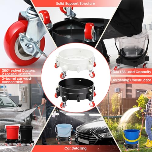 2Pcs 11 Inch Bucket Dolly, Removable Rolling Bucket Dolly, 5 Gallon Car, with 5 Heavy Duty Wheel Casters, 360°Rolling, Connectable, Locking, for Car Wash & Auto Detailing,Bearing 300lb,Black and White - color: Black,white
