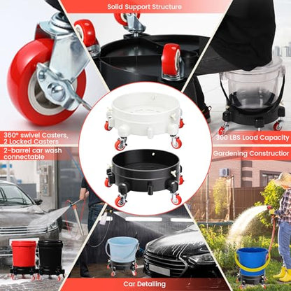 2Pcs 11 Inch Bucket Dolly, Removable Rolling Bucket Dolly, 5 Gallon Car, with 5 Heavy Duty Wheel Casters, 360°Rolling, Connectable, Locking, for Car Wash & Auto Detailing,Bearing 300lb,Black and White - color: Black,white