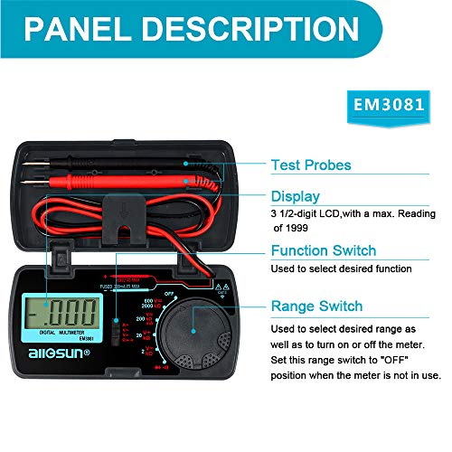 allsun Manual Range Mini Digital Multimeter 6 Functions Handheld Folding Voltmeter 3-1 2 Digit Pocket DMM DC/AC DC Ammeter Ohm Continuity Diode Tone Tester EM3081