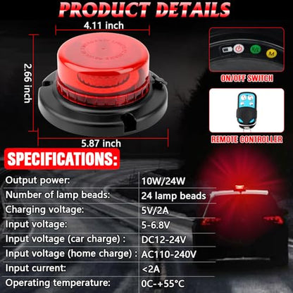 Remote Control Red Beacon Light, Rechargeable Wireless Red Flashing Lights with Magnetic, High Low Brightness, 15 Modes Mini Emergency Warning Safety Light for Snowplow Tow Work Trucks Tractor - color: Red