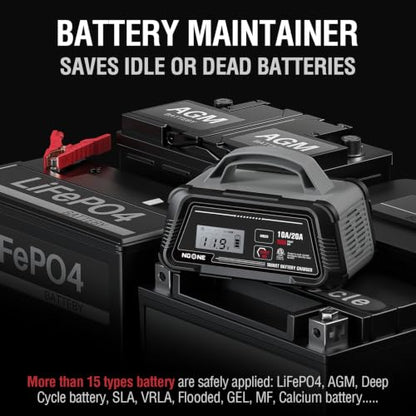 NOONE 10A/20A Smart Battery Charger - 12V/24V Fully Automatic Maintainer | with 50A Engine Start, Winter Mode, and Auto Repair - Car Trickle Charger for AGM, Gel, Deep Cycle & LiFePO4 Batteries