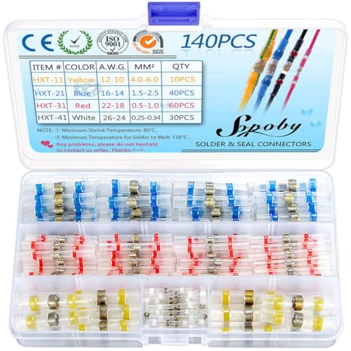 140 PCS Solder Seal Wire Connectors - Sopoby Electrical Heat Shrink Butt Connectors - Insulated Waterproof Solder Terminal Kit Marine Automotive Home Wiring - size: 140 pcs