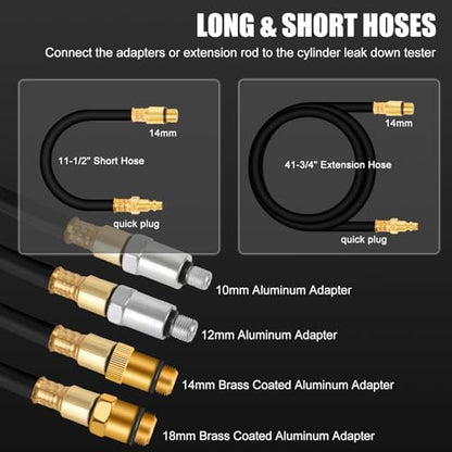 JIFETOR Cylinder Leak Down Tester Kit, Automotive Engine Compression Dual Gauge Leakdown Test Set with 10 12 14 18mm Spark Plugs Universal for Small Engine Motorcycle ATV, Black Case - color: Black Case