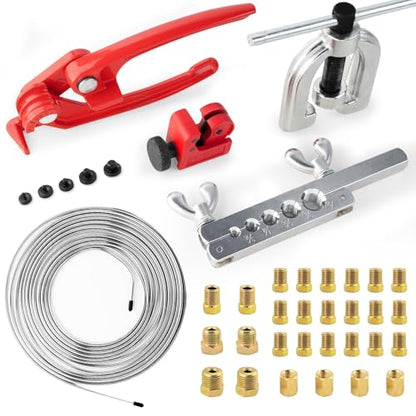 25ft 3/16" Brake Line Kit with Flaring & Bending Tool, Zinc-Coated Steel | 24 Fittings + 4 Unions, rust-proof steel tubing, universal design for brake system replacement - size: 3/16, 1 Kit