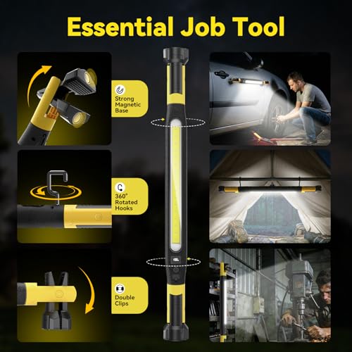 AlpsWolf Magnetic Rechargeable Work Light - 3000LM LED Light Bar, 5200mAh Underhood Light with 360°Rotatable Hook and Clip, 3 Brightness Modes for Car Repair, Workshop, Emergency (1PC)