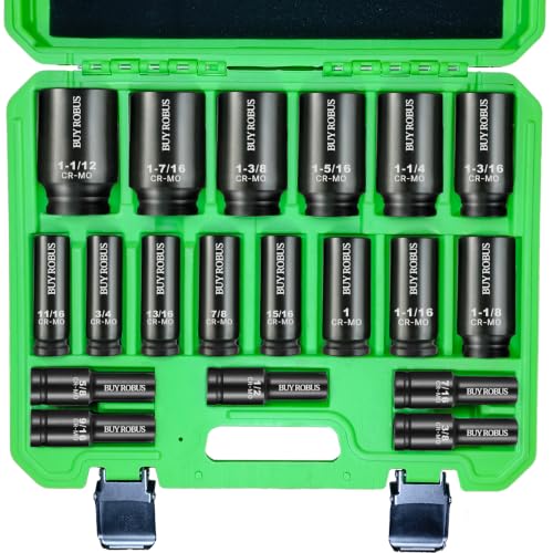 19PCS Impact SAE Impact Socket Set 1/2" Drive, 6-Point Cr-V & Alloy Steel Deep Socket Set 3/8" to 1-1/2", Cr-V Steel, Double Lock Case - size: 19PCS Impact SAE Impact Socket Set