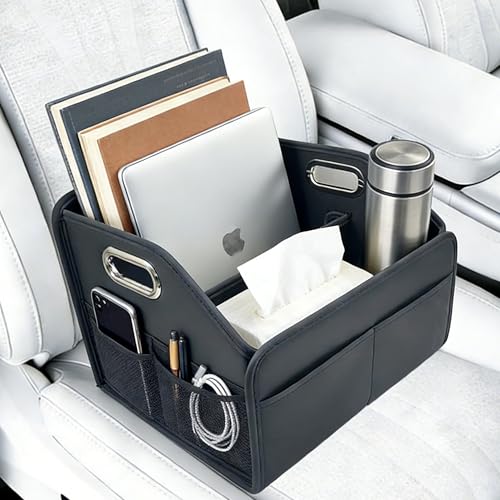 Car Storage Organizer Foldable PU Leather Front Seat Caddy | 12.6 Inch,8 Compartments,Dual Metal Handles,Anti-Slip Straps,For Car Seat & Floor